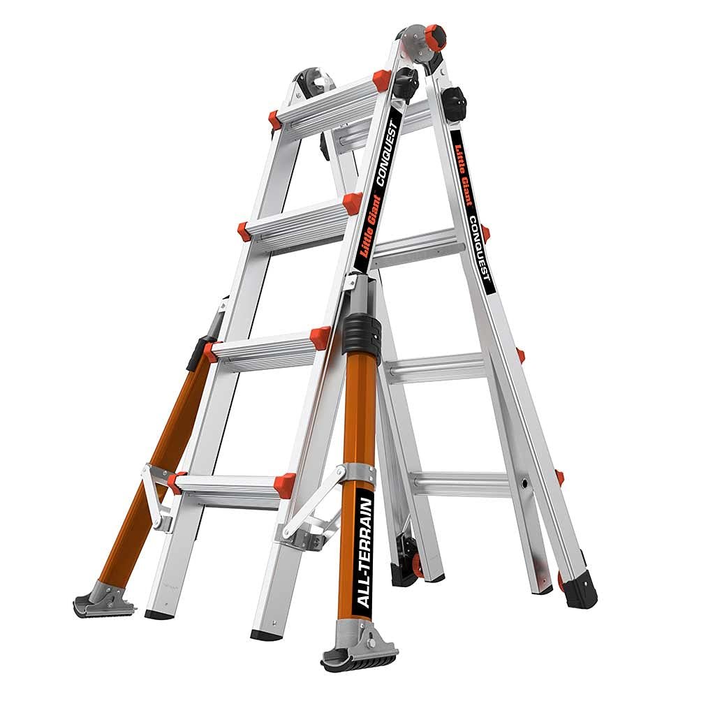 51lTea5V-gS Little Giant Conquest Mehrzweckleiter 4 Stufen Alu mit Stabilisatoren für unebenen Untergrund – Bild 1